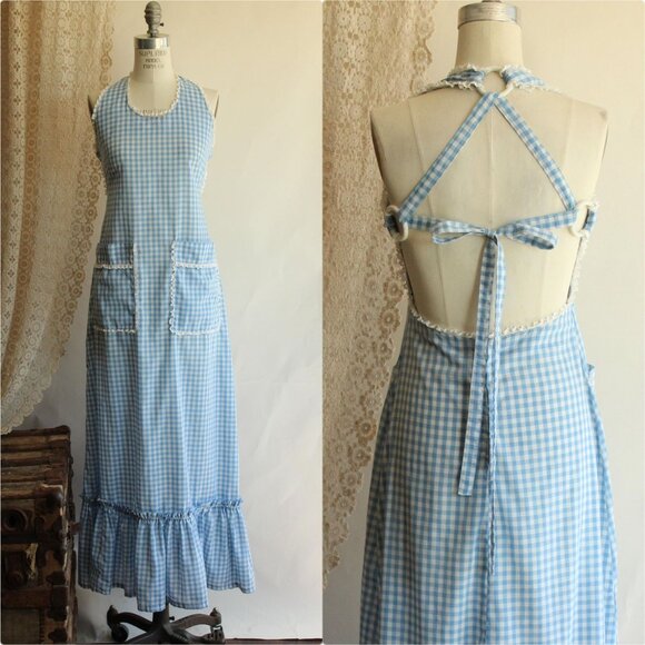 Vintage 1970s Dress with Pockets, Blue Gingham Prairie Maxidress Pinafore - Picture 1 of 10